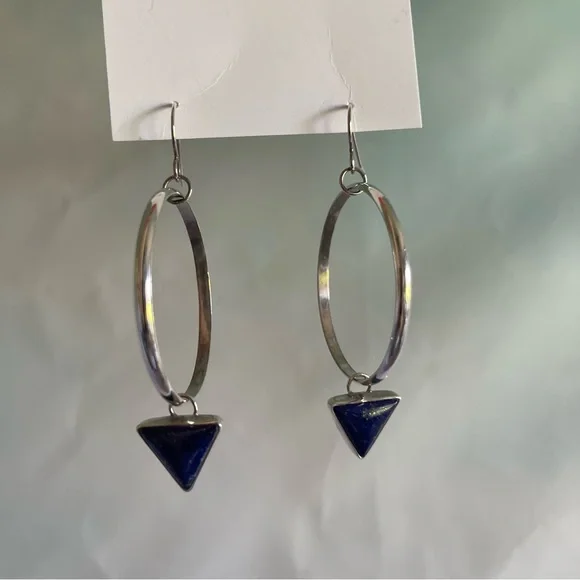 Silver Hoop Lapis Lazuli Drop Earrings - Picture 5 of 9